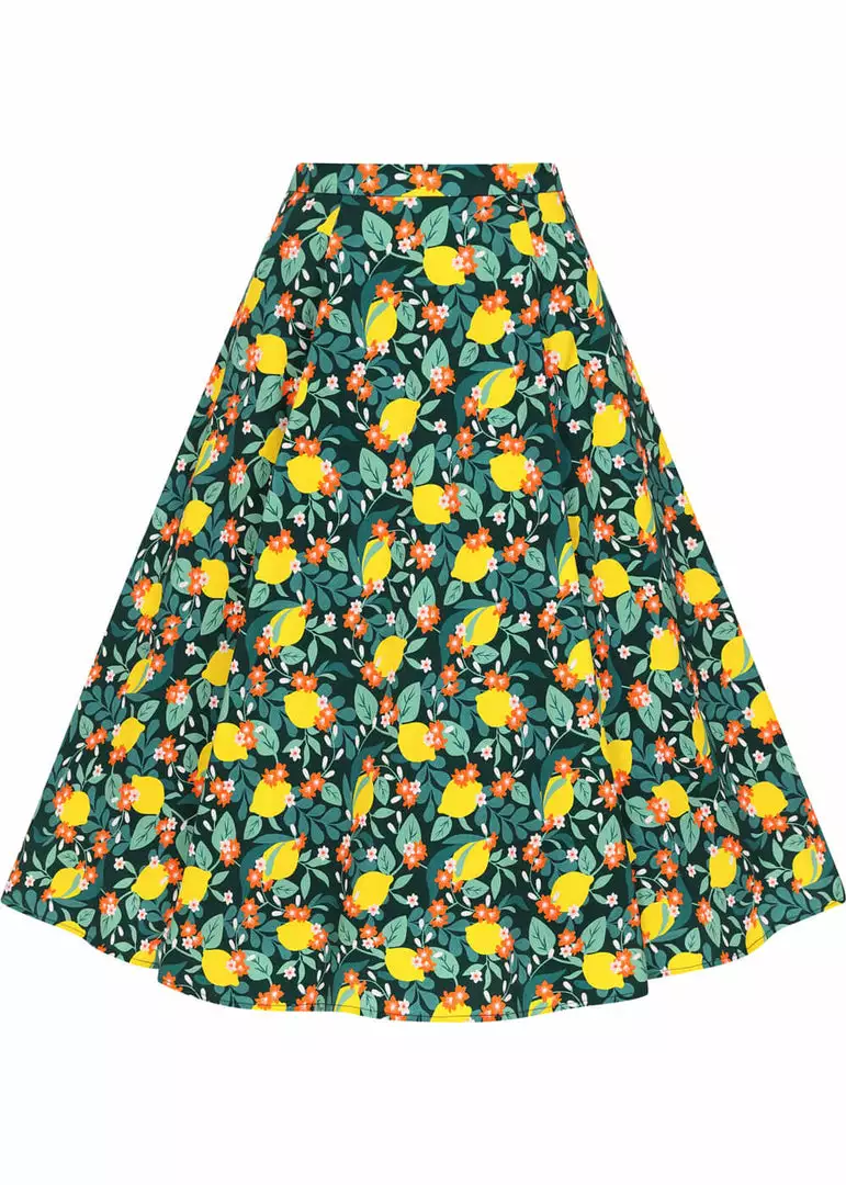 New In Collectif Clara Lemon Bloom 50's Midi Swing Skirt Teal 3 New In Collectif Clara Lemon Bloom 50's Midi Swing Skirt Teal