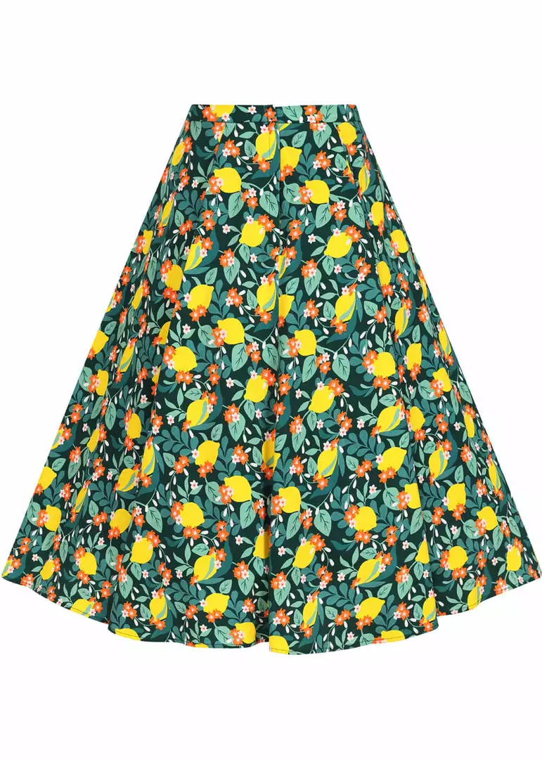 New In Collectif Clara Lemon Bloom 50's Midi Swing Skirt Teal 5 New In Collectif Clara Lemon Bloom 50's Midi Swing Skirt Teal