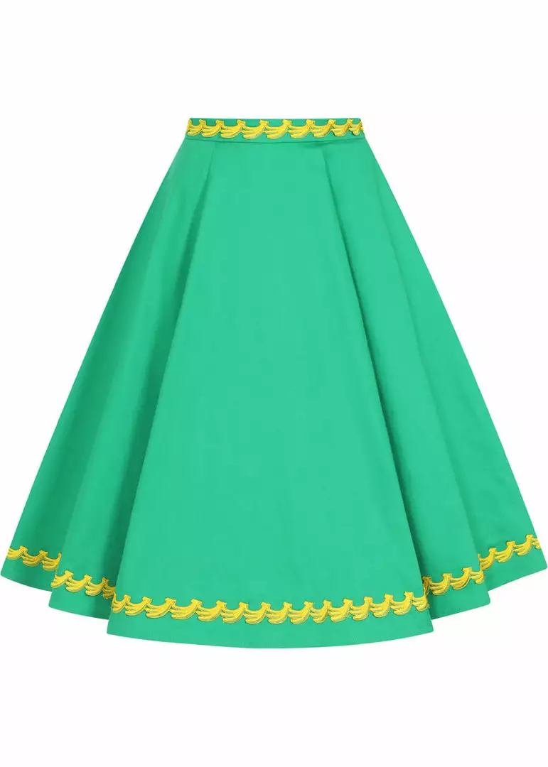 Collectif Matilde Banana Trim 50's Swing Skirt Green New In 3 Collectif Matilde Banana Trim 50's Swing Skirt Green New In