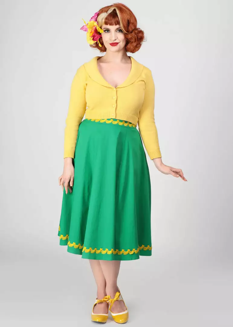 Collectif Matilde Banana Trim 50's Swing Skirt Green New In 5 Collectif Matilde Banana Trim 50's Swing Skirt Green New In