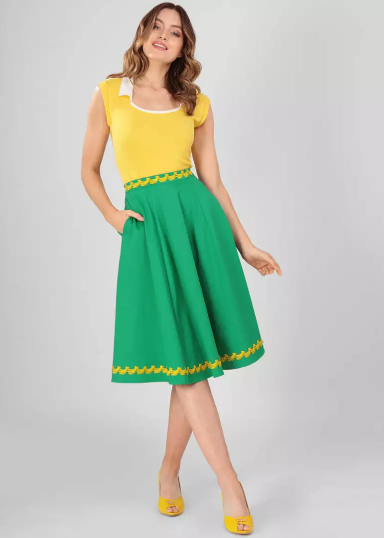 Collectif Matilde Banana Trim 50's Swing Skirt Green New In 7 Collectif Matilde Banana Trim 50's Swing Skirt Green New In