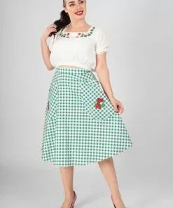 New In Collectif Veronica Strawberry Gingham 40's Swing Skirt Green