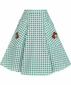 New In Collectif Veronica Strawberry Gingham 40's Swing Skirt Green
