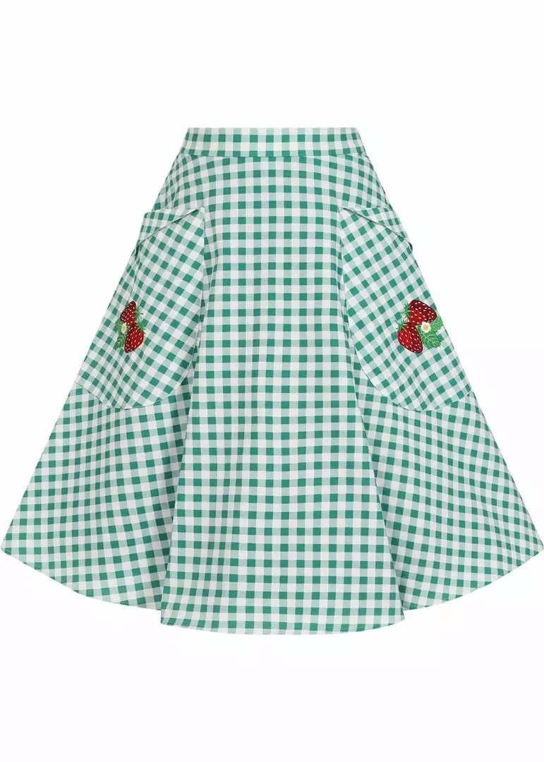 New In Collectif Veronica Strawberry Gingham 40's Swing Skirt Green 3 New In Collectif Veronica Strawberry Gingham 40's Swing Skirt Green