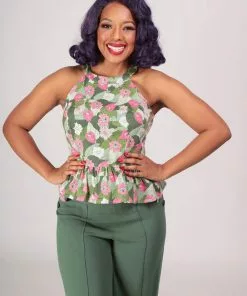 Collectif Tori Palm Blush Floral 50's Top Green