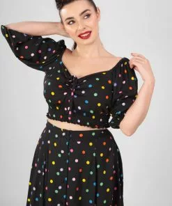 Collectif Stevie Rainbow Polka Dot 60's Top Black New In
