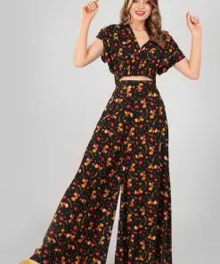 Collectif Akiko Ditsy Tulip Bloom 70's Trousers Black