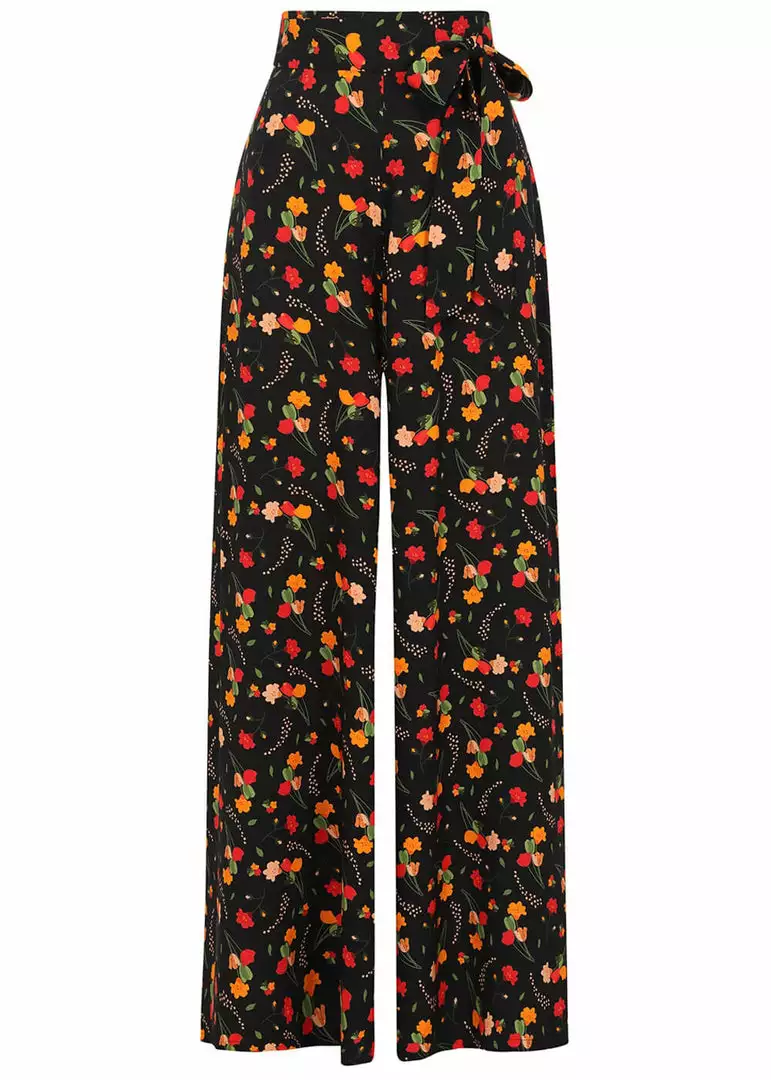 Collectif Akiko Ditsy Tulip Bloom 70's Trousers Black 4 Collectif Akiko Ditsy Tulip Bloom 70's Trousers Black