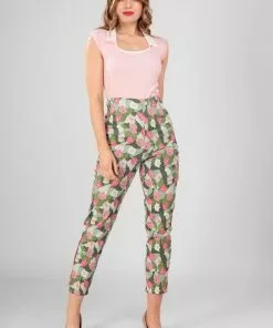 Collectif Bonnie Palm Blush Floral 50's Trousers Green