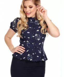 New In Collectif Mary Grace Romantic Bouquet 40's Blouse Navy Blue