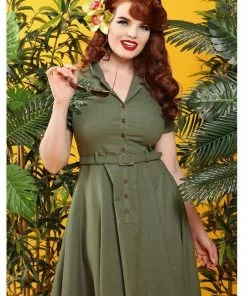 Collectif Caterina Vintage 40's Swing Dress Olive New In