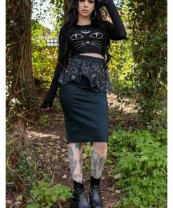 Coven United Moon Peplum 50's Pencil Skirt Black New In