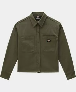 New In Dickies Womens Chokio Herringbone Shirt Military Green