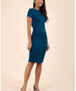 Diva Catwalk Donna Short Sleeves 50's Pencil Dress Teal