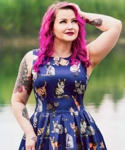 New In Dolly & Dotty Annie Cat 50's Swing Dress Navy