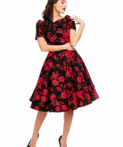 Dolly & Dotty Darlene Red Roses 50's Swing Dress Black