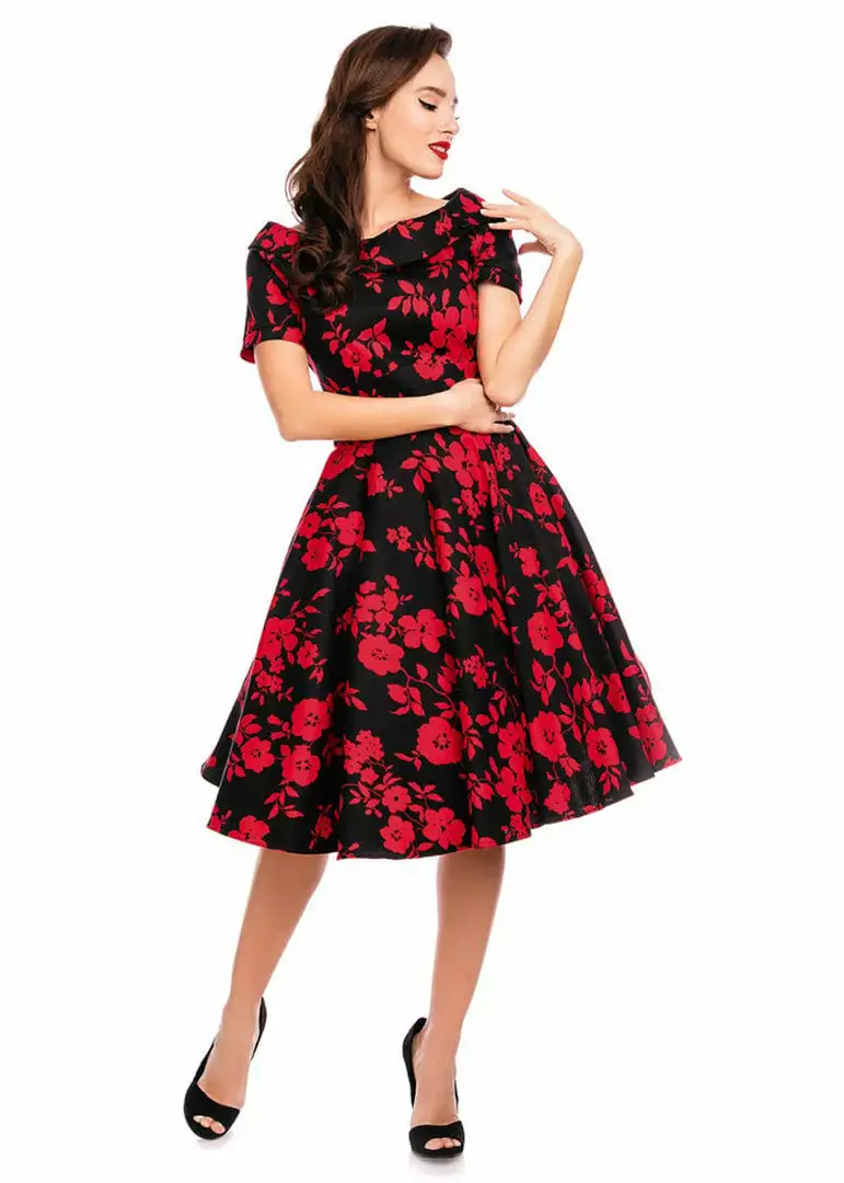 Dolly & Dotty Darlene Red Roses 50's Swing Dress Black 4 Dolly & Dotty Darlene Red Roses 50's Swing Dress Black