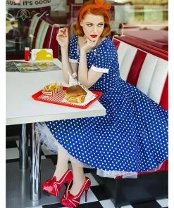 Dolly & Dotty Darlene Polkadot 50's Swing Dress Navy New In