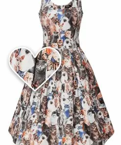 Dolly & Dotty Amanda Furry Cat 50's Swing Dress Multi New In