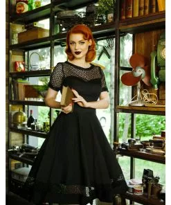 Dolly & Dotty Tess Embroided 50's Swing Dress Black New In