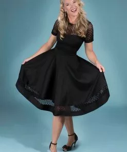 Dolly & Dotty Tess Embroided 50's Swing Dress Black New In