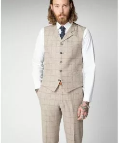 New In Gibson London Stefan Check Tweed Waistcoat Stone