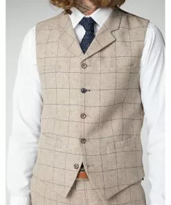 New In Gibson London Stefan Check Tweed Waistcoat Stone