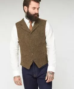 New In Gibson London Freddy Herringbone Waistcoat Brown