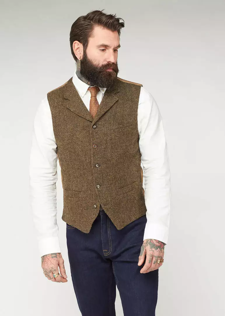 New In Gibson London Freddy Herringbone Waistcoat Brown 3 New In Gibson London Freddy Herringbone Waistcoat Brown