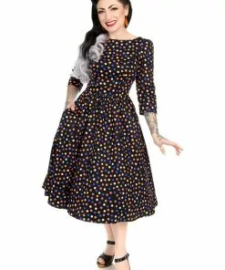 Hearts & Roses Ophelia Polkadot 50's Swing Dress Black New In