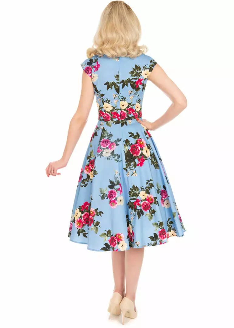 Hearts & Roses Jolene Floral 50's Swing Dress Blue 6 Hearts & Roses Jolene Floral 50's Swing Dress Blue