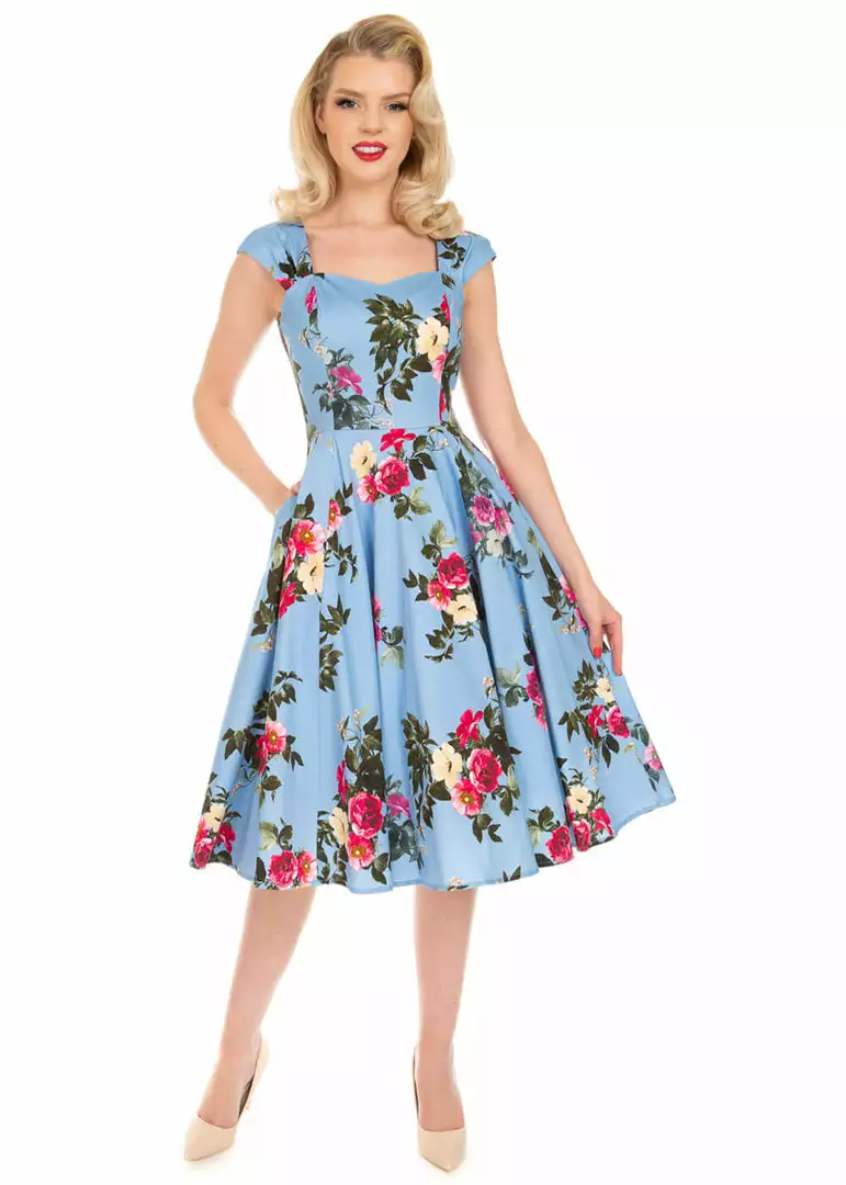 Hearts & Roses Jolene Floral 50's Swing Dress Blue 4 Hearts & Roses Jolene Floral 50's Swing Dress Blue
