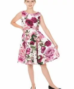Hearts & Roses Kids Alice Floral 50's Swing Dress Pink New In