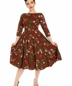 New In Hearts & Roses Francis Floral 50's Swing Dress Burgundy