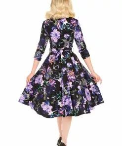 New In Hearts & Roses Faye Floral 50's Swing Dress Black Purple 9 New In Hearts & Roses Faye Floral 50's Swing Dress Black Purple