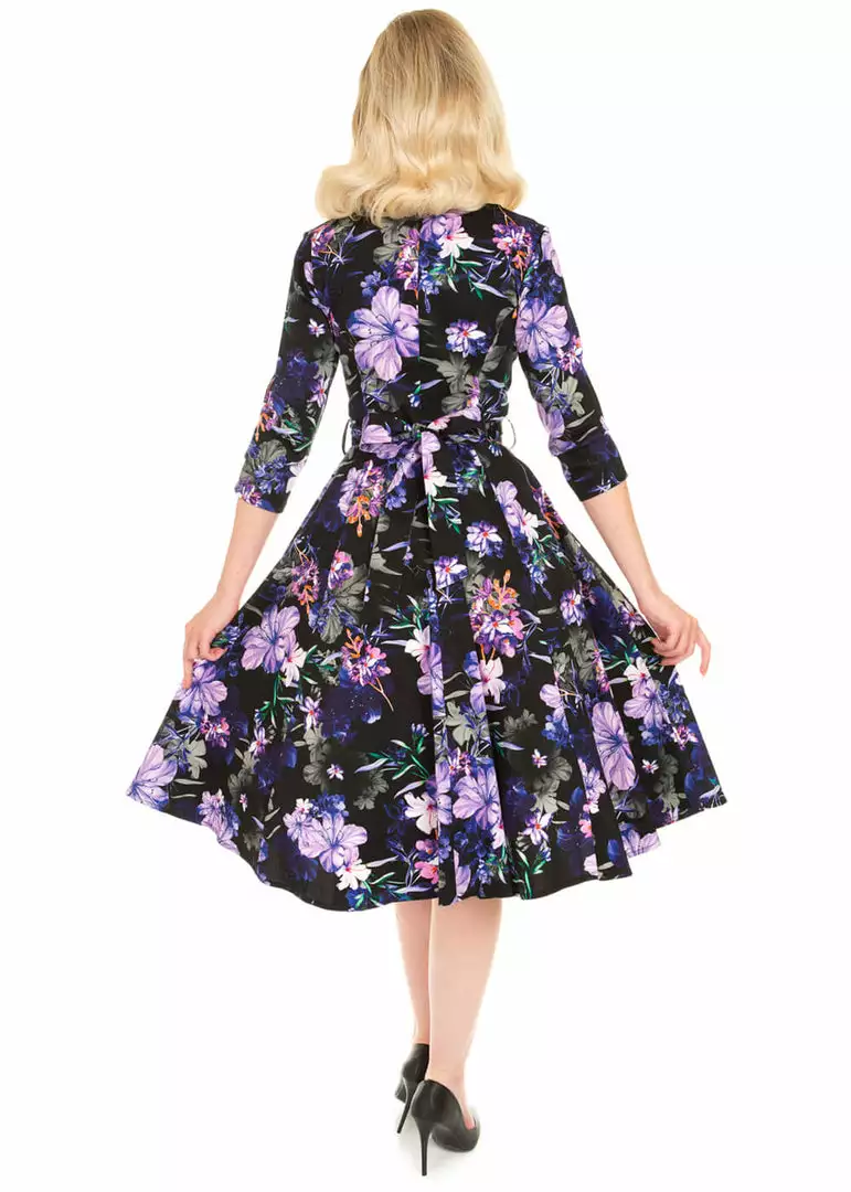 New In Hearts & Roses Faye Floral 50's Swing Dress Black Purple 6 New In Hearts & Roses Faye Floral 50's Swing Dress Black Purple