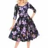New In Hearts & Roses Faye Floral 50's Swing Dress Black Purple 2 New In Hearts & Roses Faye Floral 50's Swing Dress Black Purple