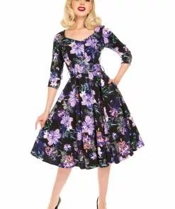 New In Hearts & Roses Faye Floral 50's Swing Dress Black Purple