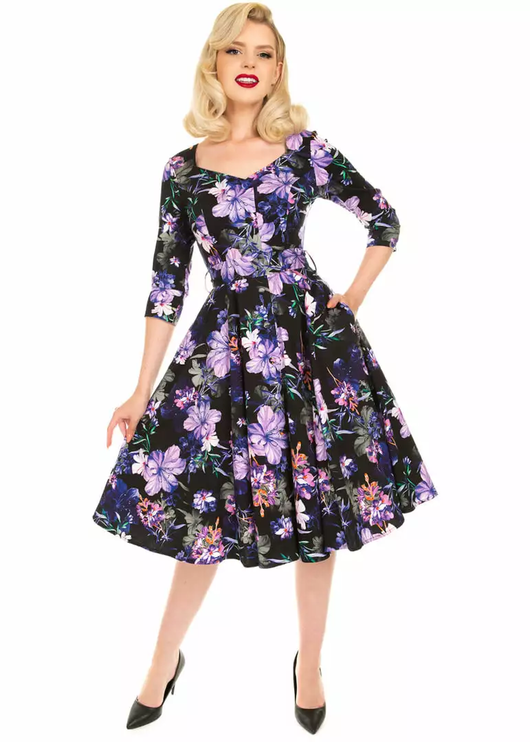 New In Hearts & Roses Faye Floral 50's Swing Dress Black Purple 3 New In Hearts & Roses Faye Floral 50's Swing Dress Black Purple