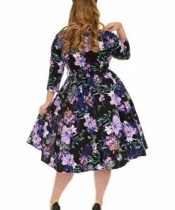 New In Hearts & Roses Faye Floral 50's Swing Dress Black Purple 8 New In Hearts & Roses Faye Floral 50's Swing Dress Black Purple