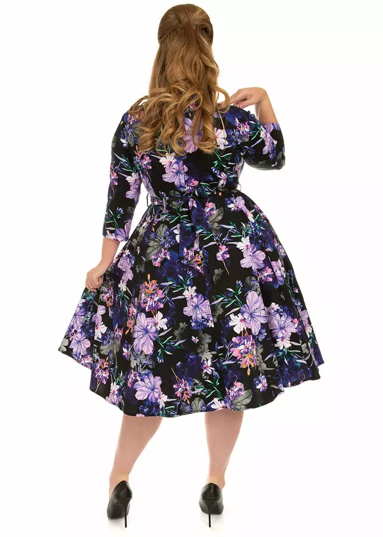 New In Hearts & Roses Faye Floral 50's Swing Dress Black Purple 5 New In Hearts & Roses Faye Floral 50's Swing Dress Black Purple