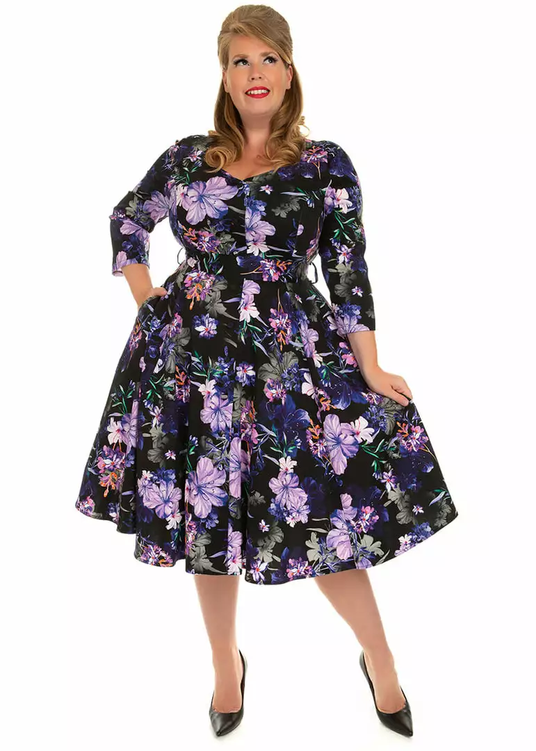 New In Hearts & Roses Faye Floral 50's Swing Dress Black Purple 4 New In Hearts & Roses Faye Floral 50's Swing Dress Black Purple