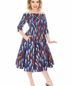 New In Hearts & Roses Ruby Goldfish 50's Swing Dress Blue