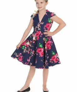Hearts & Roses Kids Midnight Garden 50's Swing Dress Navy New In