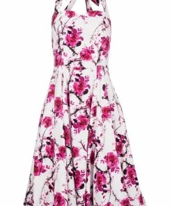 Hearts & Roses Pink Cherry Blossom 50's Swing Dress White