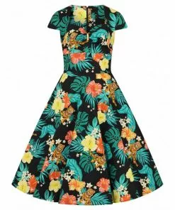 Hell Bunny Bali Jungle 50's Swing Dress Black New In