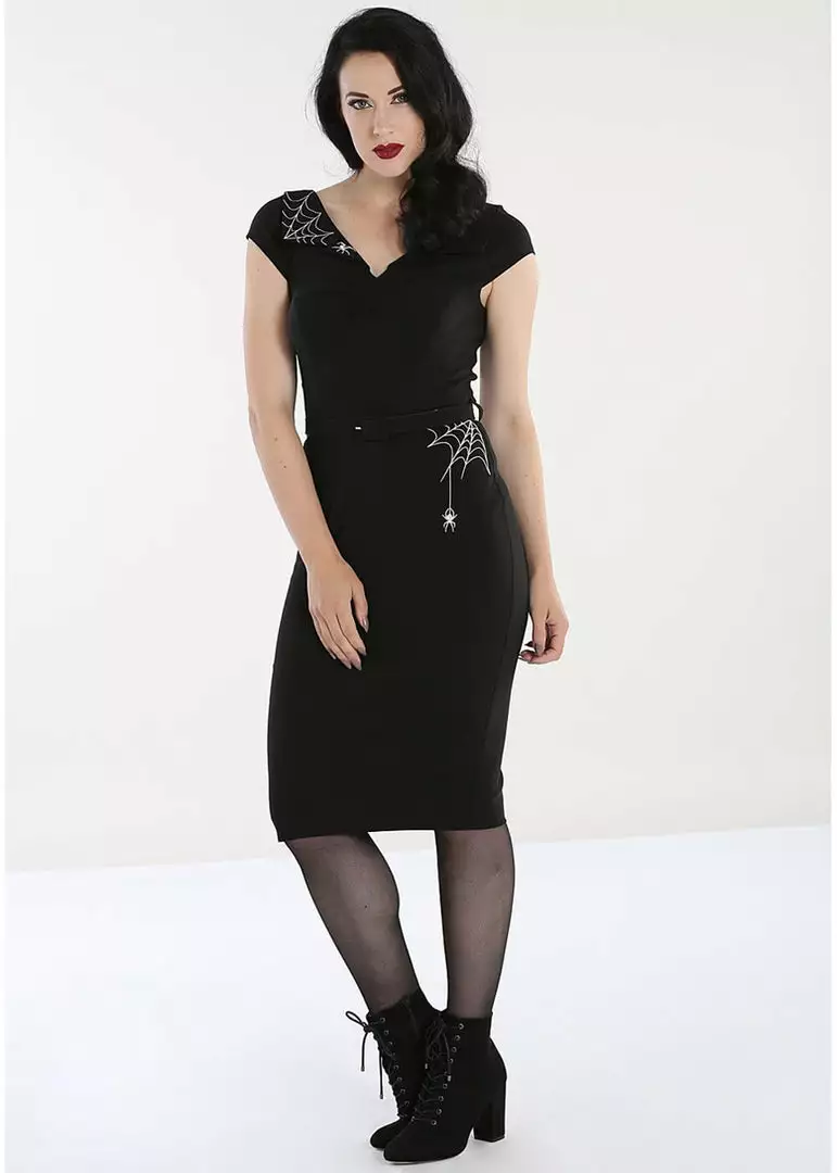 New In Hell Bunny Miss Muffet Spider 50's Pencil Dress Black 6 New In Hell Bunny Miss Muffet Spider 50's Pencil Dress Black