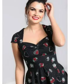 Hell Bunny Petals Hearts 50's Swing Dress Black New In