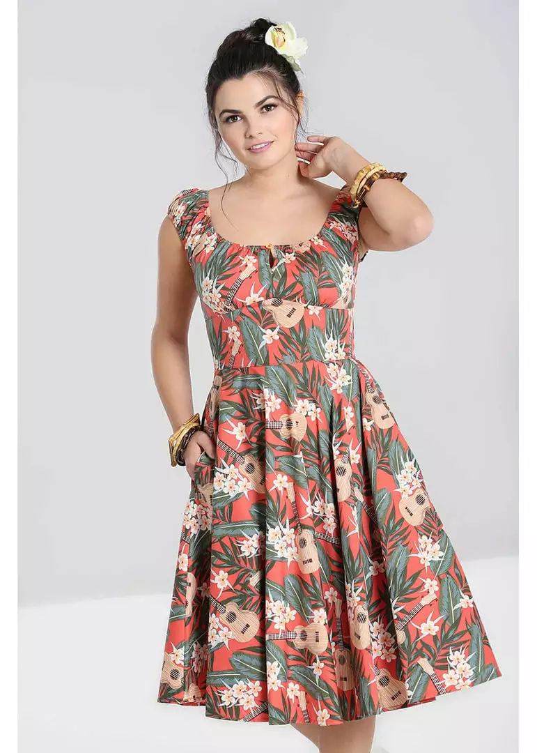 Hell Bunny Ukulele 50's Swing Dress Orange New In 4 Hell Bunny Ukulele 50's Swing Dress Orange New In
