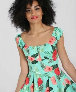 New In Hell Bunny Moana Hibiscus 50's Swing Dress Mint